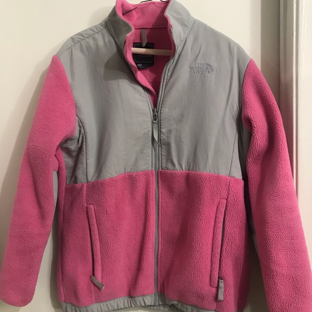 Pink and gray North Face fleece zip jacket